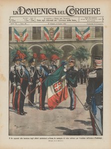 El Rey coloca la medalla al valor militar en la bandera de los alumnos carabineros, en Roma
