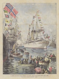 El regreso de los soberanos de Cerdeña, el Savoia en el acto de zarpar de las aguas sardas de Achille Beltrame