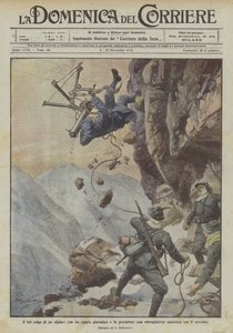 El buen golpe de un alpino, con un lazo atrapa y hace caer una ametralladora austriaca con su servidor de Achille Beltrame