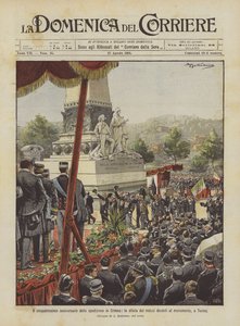 El quincuagésimo aniversario de la expedición a Crimea, el desfile de los veteranos frente al monumento, en Turín