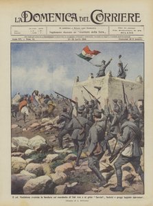 El col Maddalena ondea la bandera sobre el marabuto de Sidi Aziz y al grito de ¡Savoia! de Achille Beltrame