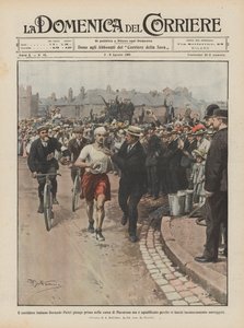 El corredor italiano Dorando Pietri llega primero en la carrera de Maratón pero es descalificado de Achille Beltrame