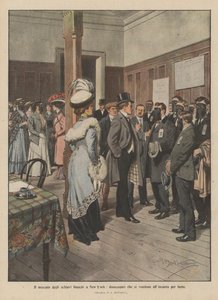 El mercado de esclavos blancos en Nueva York, desempleados que se venden por hambre (litografía en color) de Achille Beltrame