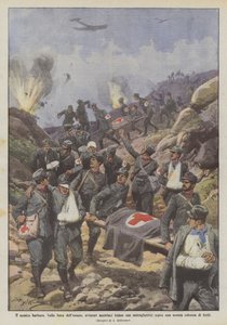 El enemigo bárbaro, en la línea del Isonzo, aviadores austriacos disparan con ametralladoras sobre una