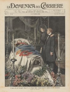 El nuevo Rey de Portugal Manuel II y la Reina Madre Amelia ante el cadáver del Rey asesinado de Achille Beltrame