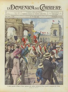 El saludo augural de Roma a Turín, partida de los relevos ciclistas de Roma llevando el pergamino para Turín