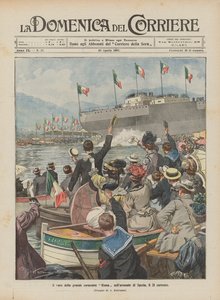 El lanzamiento del gran acorazado Roma en el arsenal de Spezia, el 21 de este mes