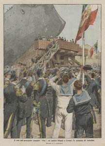 El lanzamiento del crucero acorazado Pisa, en el astillero Orlando en Livorno, la ceremonia de bautizo