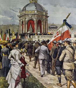 Inauguración de la IV competencia de tiro en el polígono de Farnesina, Roma, Italia, ilustración por Achille Beltrame de La Domenica del Corriere, 25 de mayo de Achille Beltrame