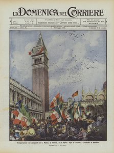 Inauguración del campanario de San Marcos, en Venecia, el 25 de abril, vuelo de palomas y ondear de banderas de Achille Beltrame