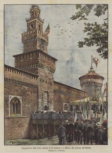 Inauguración de la Torre dedicada al Rey Umberto I, en Milán, en presencia de los Soberanos