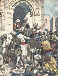 India. La sequía causa epidemias. Distribución de alimentos. Ilustrado por Antonio Beltrame. "La domenica del Corriere". 26 de febrero de Achille Beltrame