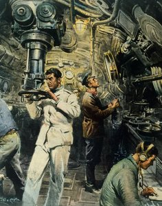 Interior de submarino, por Achille Beltrame (1871-1945), ilustración de La Domenica del Corriere, 28 de diciembre