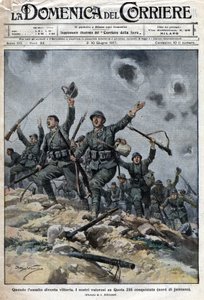 El ejército italiano victorioso sobre las tropas austrohúngaras en las montañas del Karst en Eslovenia. Los italianos así avanzaron hacia Trieste. Ilustración de Beltrame. La Domenica del Corriere. 06/1917