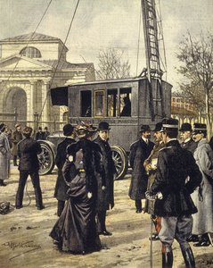 El físico italiano Guglielmo Marconi asiste a experimentos con la primera estación de radio móvil en Milán, 30 de diciembre