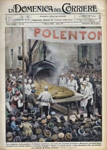 Fiesta popular italiana: polenta gigante (polentone) organizada en una ciudad cerca de Asti en Veneto. Ilustración de Achille Beltrame en “La domenica del Corriere” del 07/03/1937 de Achille Beltrame