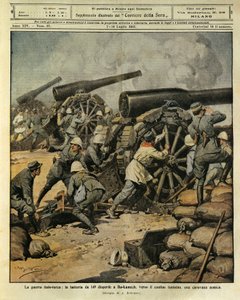Guerra Ítalo-Turca, fuego de batería del Cañón No. 149 dispersando una caravana enemiga en Bu-Kamek hacia la frontera tunecina, ilustrador Achille Beltrame, de La Domenica del Corriere, 7 de julio de 1912 de Achille Beltrame