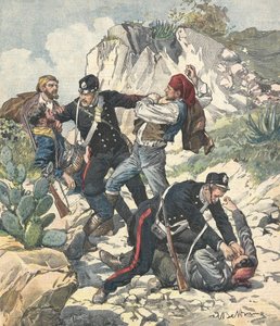 Italia (1902). Carabineros arrestan a un bandido y su banda en Trapani. Ilustración de Achille Beltrame de “Domenica del Corriere” (23 de febrero) de Achille Beltrame
