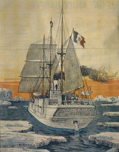Viaje al Polo Norte: Barco Polar Star que llevó al Príncipe Luigi Amedeo de Saboya-Aosta, Duque de los Abruzos, a la Bahía de Teplitz en la Isla Rudolf, por Achille Beltrame, de La Domenica del Corriere