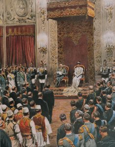 Rey de Italia, Vittorio Emanuele III de Saboya, coronado Rey de los Albaneses (ilustración de Achille Beltrame)