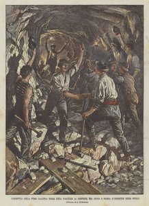 La apertura de la primera galería en la línea de acceso al Simplón, entre Arona y Meina, el encuentro de los obreros de Achille Beltrame