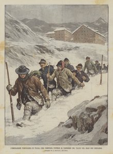 Una caravana de obreros cruzando el paso del Gran San Bernardo de Achille Beltrame