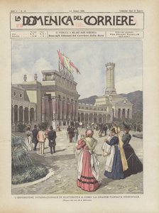 La exposición internacional de electricidad en Como, la gran fachada principal de Achille Beltrame