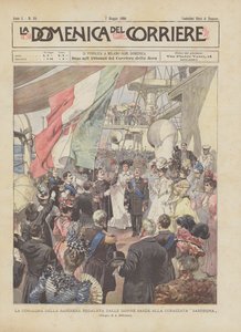 La entrega de la bandera regalada por las mujeres sardas al acorazado Cerdeña de Achille Beltrame