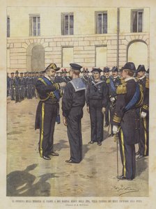 La entrega de la medalla al valor a dos marineros que regresaron de China, en el cuartel de la tripulación real en La Spezia de Achille Beltrame