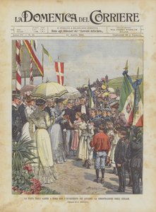 La fiesta de los árboles en Roma con la intervención de los soberanos, la demostración de los escolares de Achille Beltrame