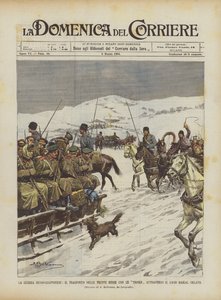 La guerra ruso-japonesa, el transporte de tropas rusas con troikas a través del lago Baikal congelado de Achille Beltrame