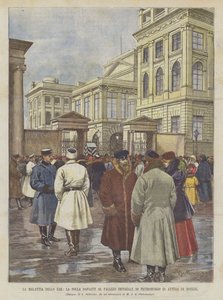 La enfermedad del Zar, la multitud frente al Palacio Imperial de San Petersburgo esperando noticias de Achille Beltrame