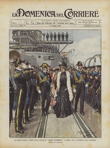 La reina madre a bordo del acorazado Regina Margherita en Spezia, para la entrega de la bandera