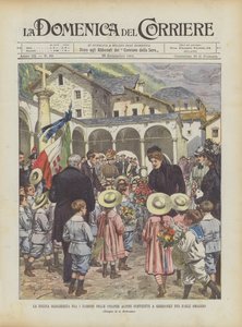 La Reina Margarita entre los Niños de las Colonias Alpinas Reunidos en Gressoney para Rendirle Homenaje de Achille Beltrame