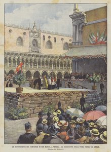 La reconstrucción del campanario de San Marcos en Venecia, la bendición de la primera piedra (25 de abril) de Achille Beltrame
