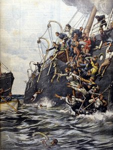 La catástrofe del Líbano: los pasajeros se lanzan al mar después de la colisión con otro transatlántico frente a Marsella. Ilustración de Beltrame. La Domenica del corriere. 1903 de Achille Beltrame