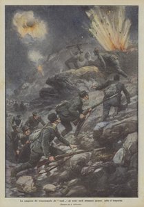 La conquista de la trinchera de los cohetes, los heroicos sardos avanzan a gatas, bajo la tormenta de Achille Beltrame