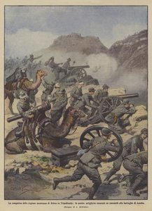 La conquista de la región montañosa de Jefren en Tripolitania, nuestras artillerías montadas de Achille Beltrame