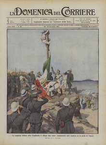La conquista italiana de Tripolitania se expande gradualmente, izamiento de la bandera en la punta de Tagiura