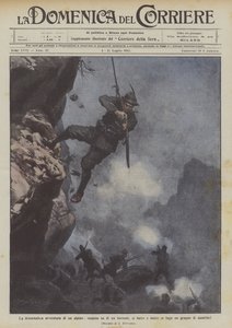 La dramática aventura de un alpino, suspendido sobre un precipicio, lucha y pone en fuga a un grupo de austriacos de Achille Beltrame