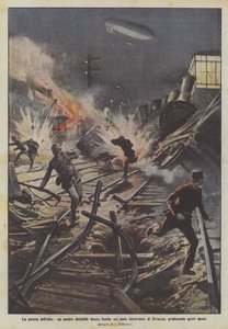 La guerra desde el aire, un dirigible nuestro lanza bombas sobre el nudo ferroviario de Divaccia, causando graves daños