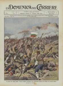 La guerra de los cinco pueblos, el ejército búlgaro avanzando hacia Adrianópolis conquista Kirk Kilisse de Achille Beltrame