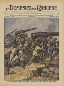 La guerra italo-turca, la batería de 149 dispersa en Bu-Kamech, cerca de la frontera tunecina, una caravana enemiga