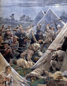 La guerra de los Bóeres o guerra del Transvaal en Sudáfrica: los bóeres atacan un campamento inglés en Tweenfontein (Ilustración de Beltrame, La Domenica del Corriere, 1902) de Achille Beltrame