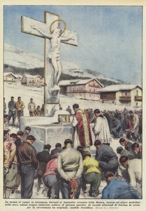 La misa en el campo en la montaña, ante el fantástico escenario de la Naturaleza, alrededor de altares de Achille Beltrame