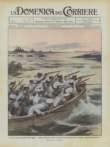 La toma de Zuara al amanecer del 5 de agosto, los primeros en desembarcar fueron los marineros atacados cerca de la costa de Achille Beltrame