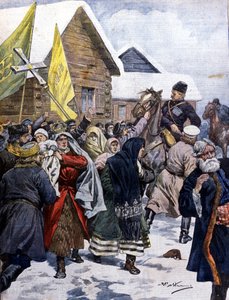 La superstición en Rusia: la policía intenta dispersar la secta de los nuevos cristianos. Ilustración de Beltrame. La Domenica del Corriere. 1901.
