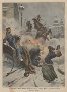 La vida cotidiana en Rusia, atentado con dinamita contra el gobernador de Moscú, general Holschelmann de Achille Beltrame