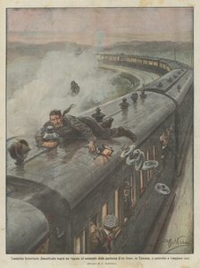 Lamparista ferroviario olvidado sobre un vagón al momento de la partida de un tren, en Toscana de Achille Beltrame