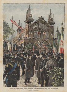 La llegada de los Soberanos y las autoridades a la Plaza de Armas para inaugurar la otra parte de la Exposición de Achille Beltrame